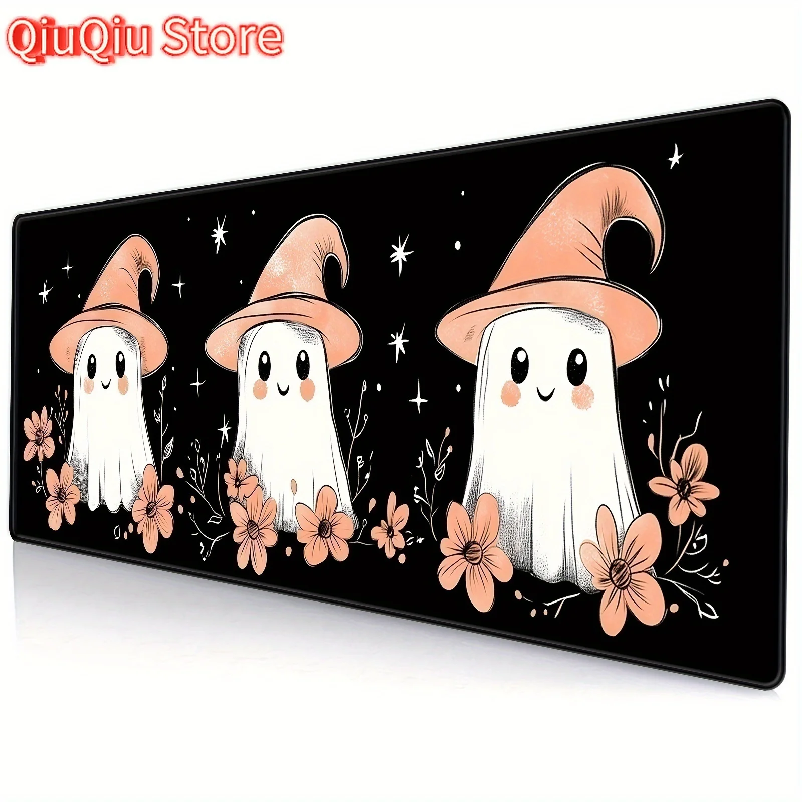 Tappetino per mouse grande a tema Halloween con base in gomma antiscivolo - Copertina per tastiera da ufficio gotica con fantasmi carini e Desi floreali