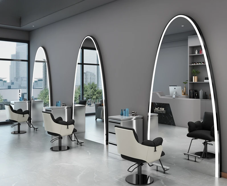 Hairdressing shop mirror table, barber net celebrity shop single and double integrated with lamp against the wall floor mirror