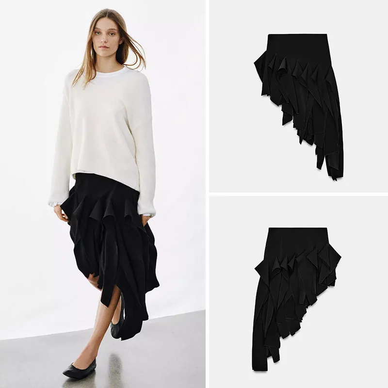 

Ele Pure Color Asymmetric Skirt ZA2026 Spring New Women's Faion Mid-Waist Simple Design Casual Office Wear