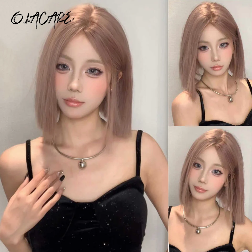 Pink Brown Synthetic Lace Front Wigs Short Straight Bob Wigs for Women Middle Part Lolita Cosplay Natural Hair Wig Daily