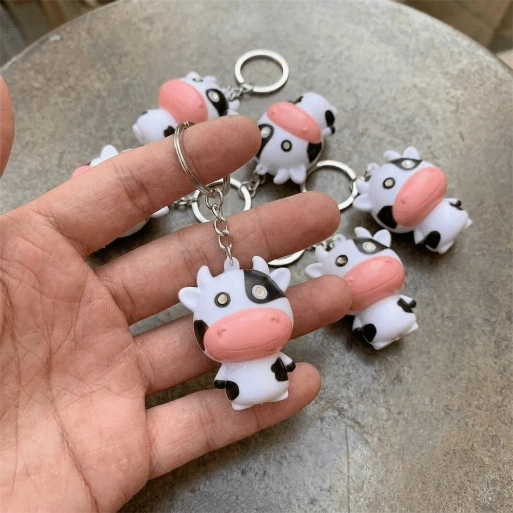 Cartoon Cow Sound Light Fidget Keychain Mini Hanging Light Up Cow Key Ring Glow Sound Feature Fidget Press Fidget Cow Handbag
