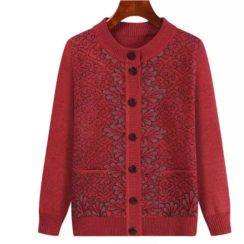 Middle-aged And Old Women Sweater Cardigan Spring Autumn Loose Knitwear Tops Big size Grandma Knitted Cardigan Sweater Coat 1797