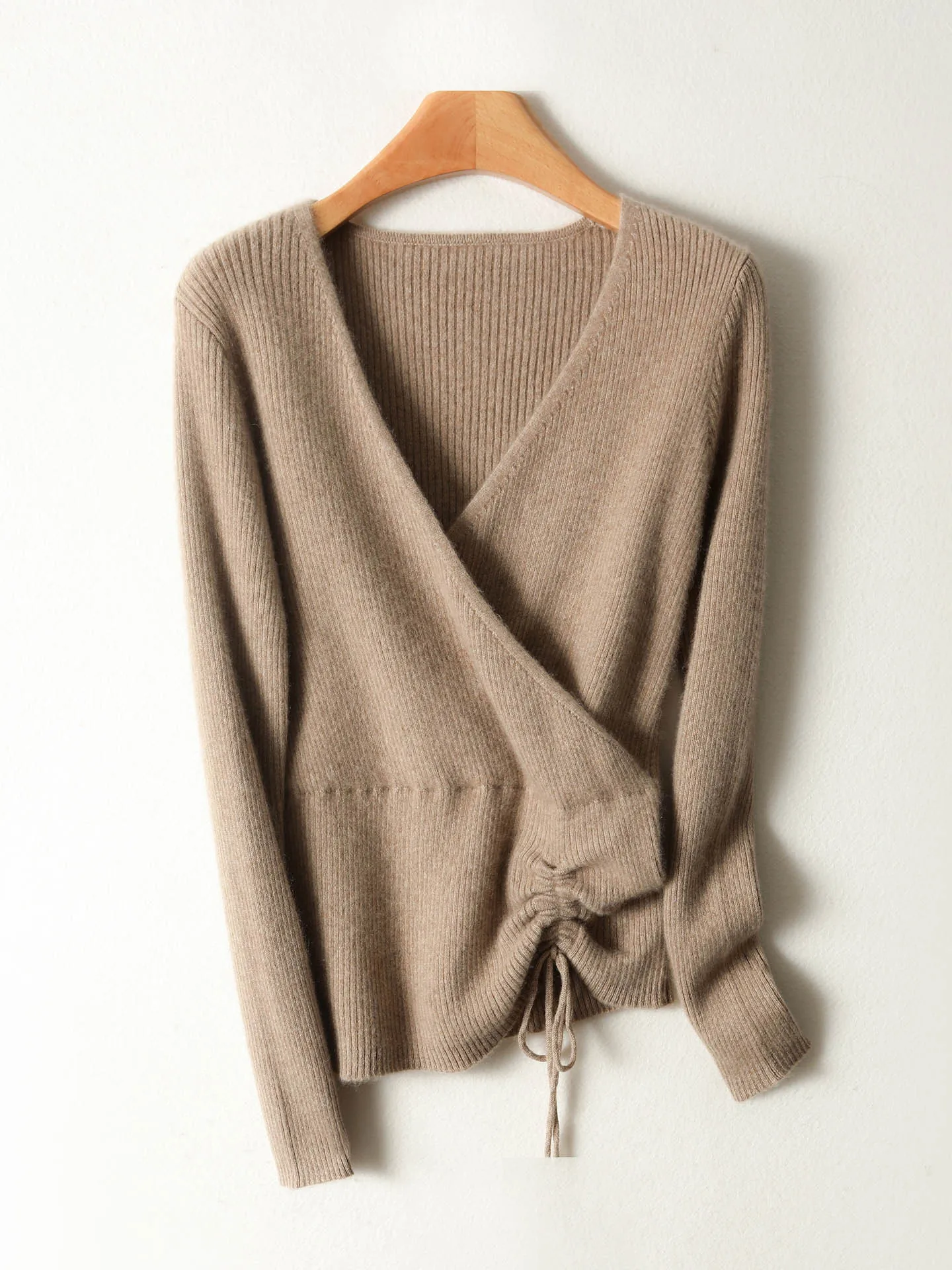 Winter Bloom 100% Merino Wool Women Wrap V Neck Sweater Drawstring Slim Knit Pullover Warm Elegant Autumn Winter Knitwear