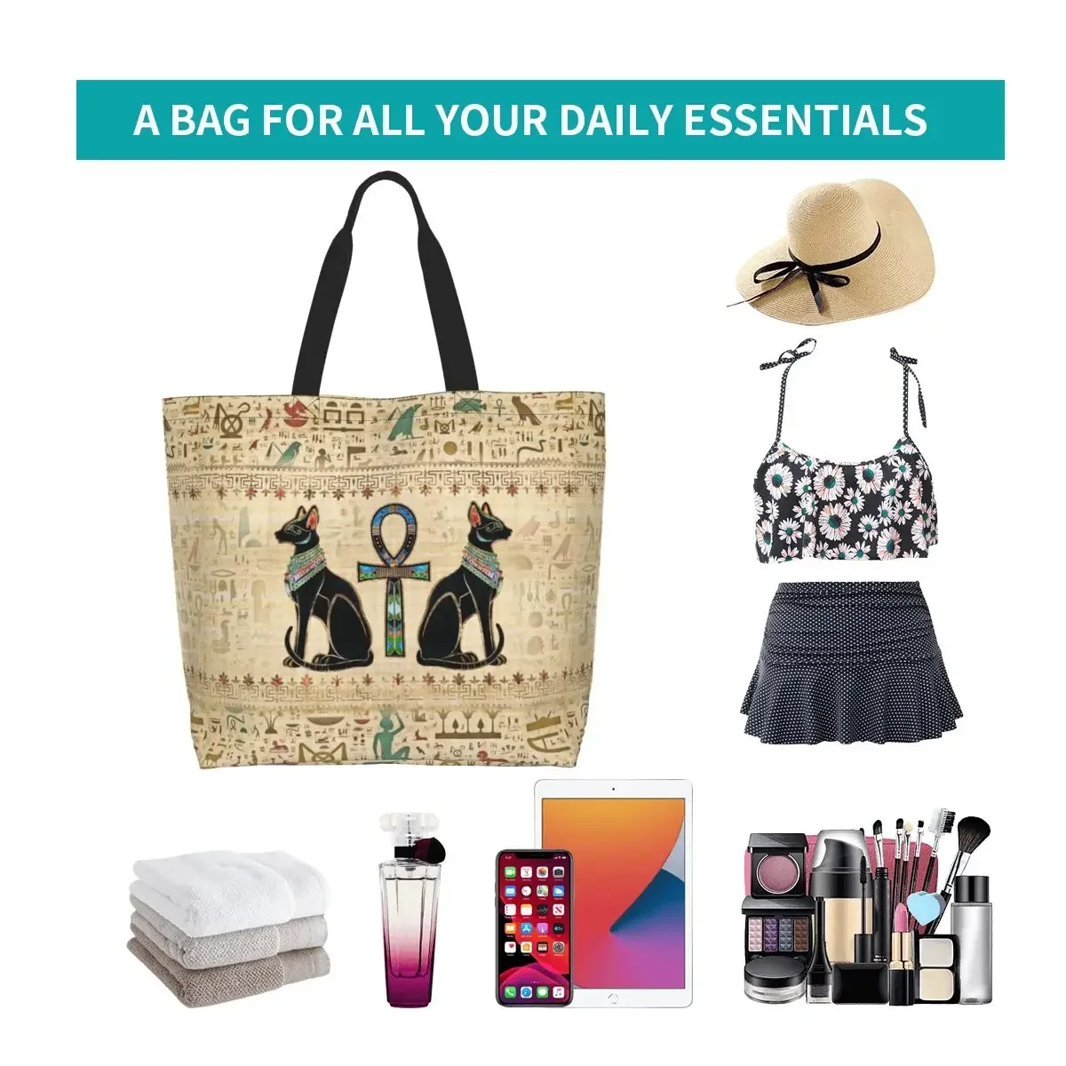 أكياس تسوق متقاطعة للقطط المصرية المطبوعة بشكل مضحك وحقائب كتف متينة من القماش للمتسوقين في مصر القديمة