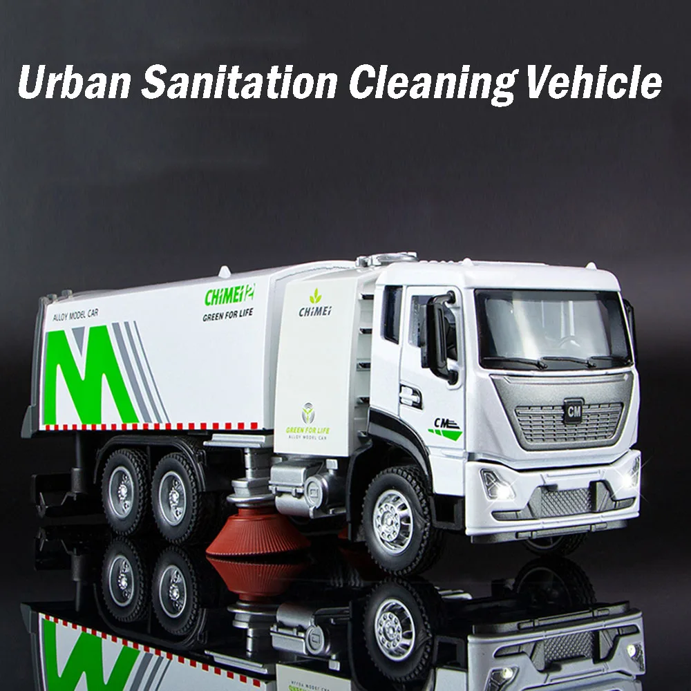 รถของเล่นจำลองรุ่น 1:24 รถทำความสะอาดเมือง ผลิตจากโลหะหล่อขึ้นรูป พร้อมเสียงและไฟ ประตูเปิดได้ แบบดึงหลัง รถวิศวกรรม