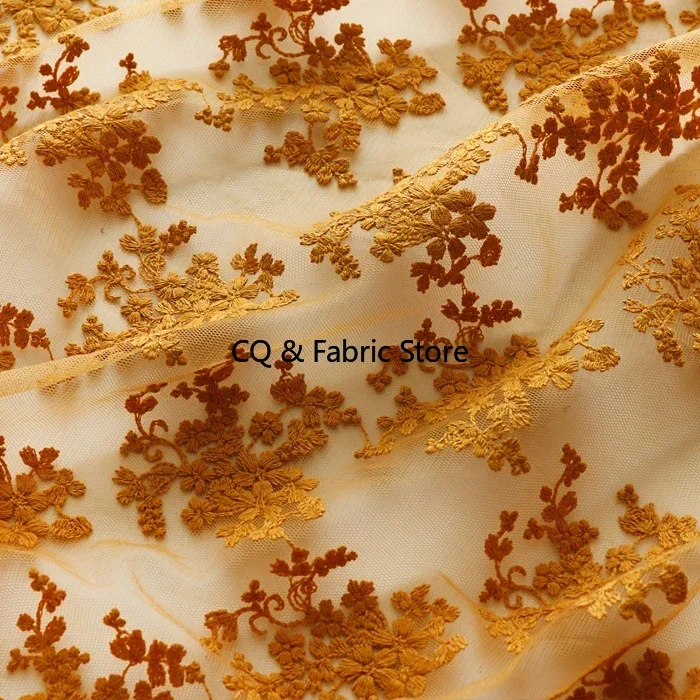 High-Density Mesh Cotton Thread Embroidery Fabric Ginger Yellow Soft Yarn Lace Fabric Dress Cheongsam Garment Fabric Diy Handmad