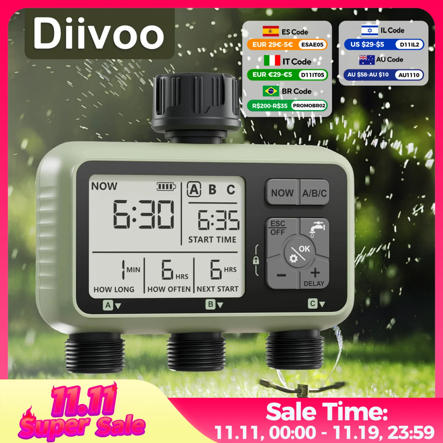 

Таймер для садовой воды Diivoo, 3 розетки для садового шланга, программируемый автоматический таймер для орошения IP54 с ручным/автоматическим режимом задержки дождя