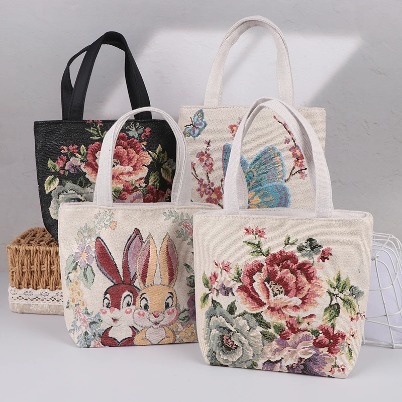 Embroidery Canvas Bag Cute Butterfly Rabbit Peony Tote Bag Small Shoulder Traveling Pouch Handbag Grocery Storage Bag