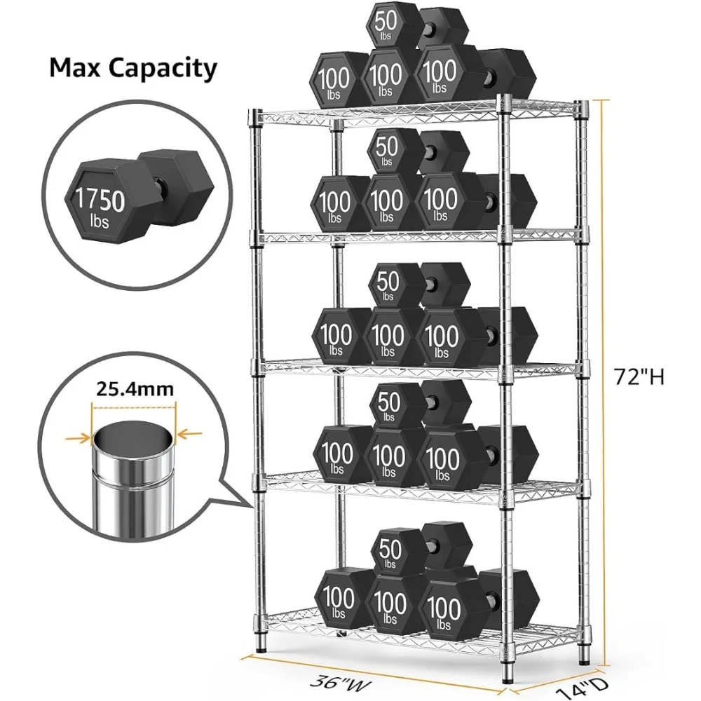 MZG-Steel Storage Shelving Unit, Utility Organizer, Wire Rack para casa, cozinha, escritório, 5-Tier