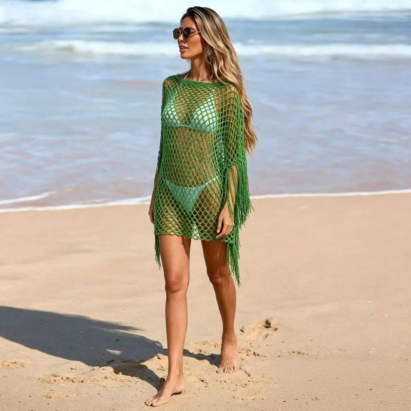 

Women's Summer Hollow Out Knit Tassel Shawl, Sunscreen Beach Bikini Cover Up Vacation Cardigan