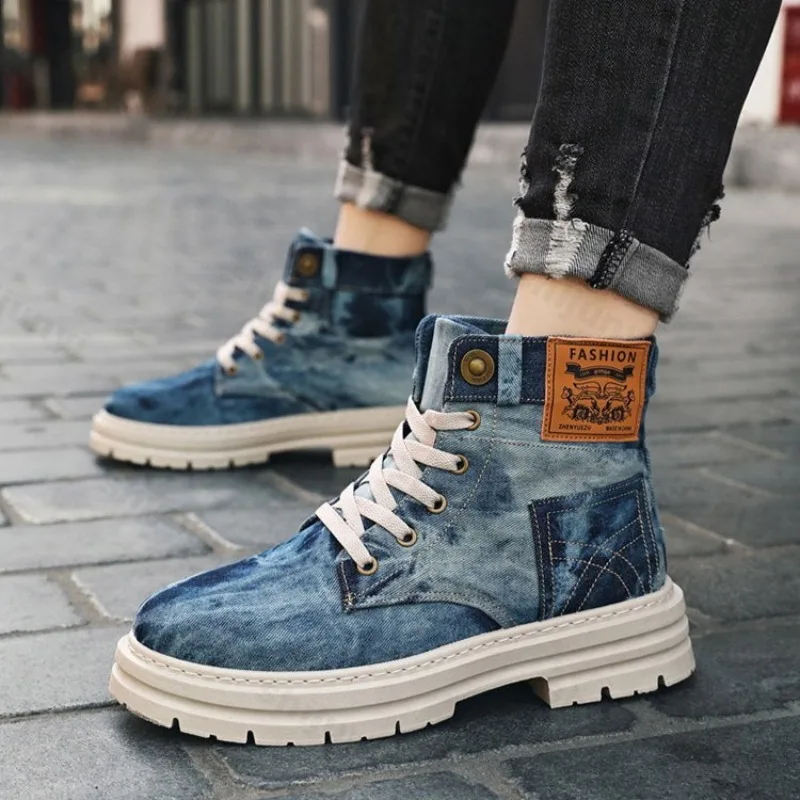 Retro-Denim-Casual-High-Top-Shorts-Stiefel mit dicken Sohlen für Herren, 2025, Herbst, britischer Stil, Mode, vielseitige, bequeme Stiefeletten