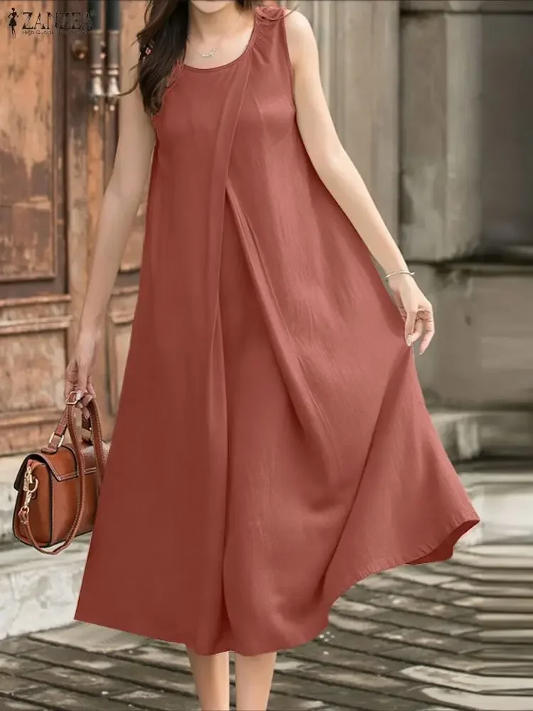 2025 ZANZEA Sexy Women Sleeveless Summer Dresses Fashion Pleated Solid Color Midi Vestidos Vintage Casual Loose Long Shirt Robe