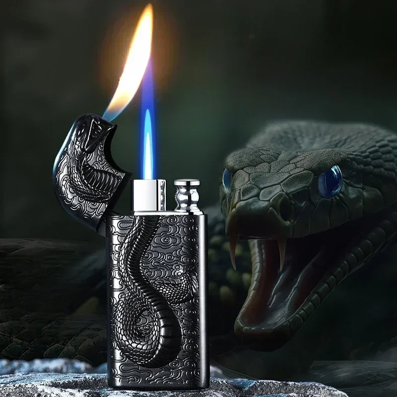 3D Three-dimensional Embossed Snake Pattern Lighter Alloy Material, Double Flame Conversion, Men\'s Creative Gas Lighter