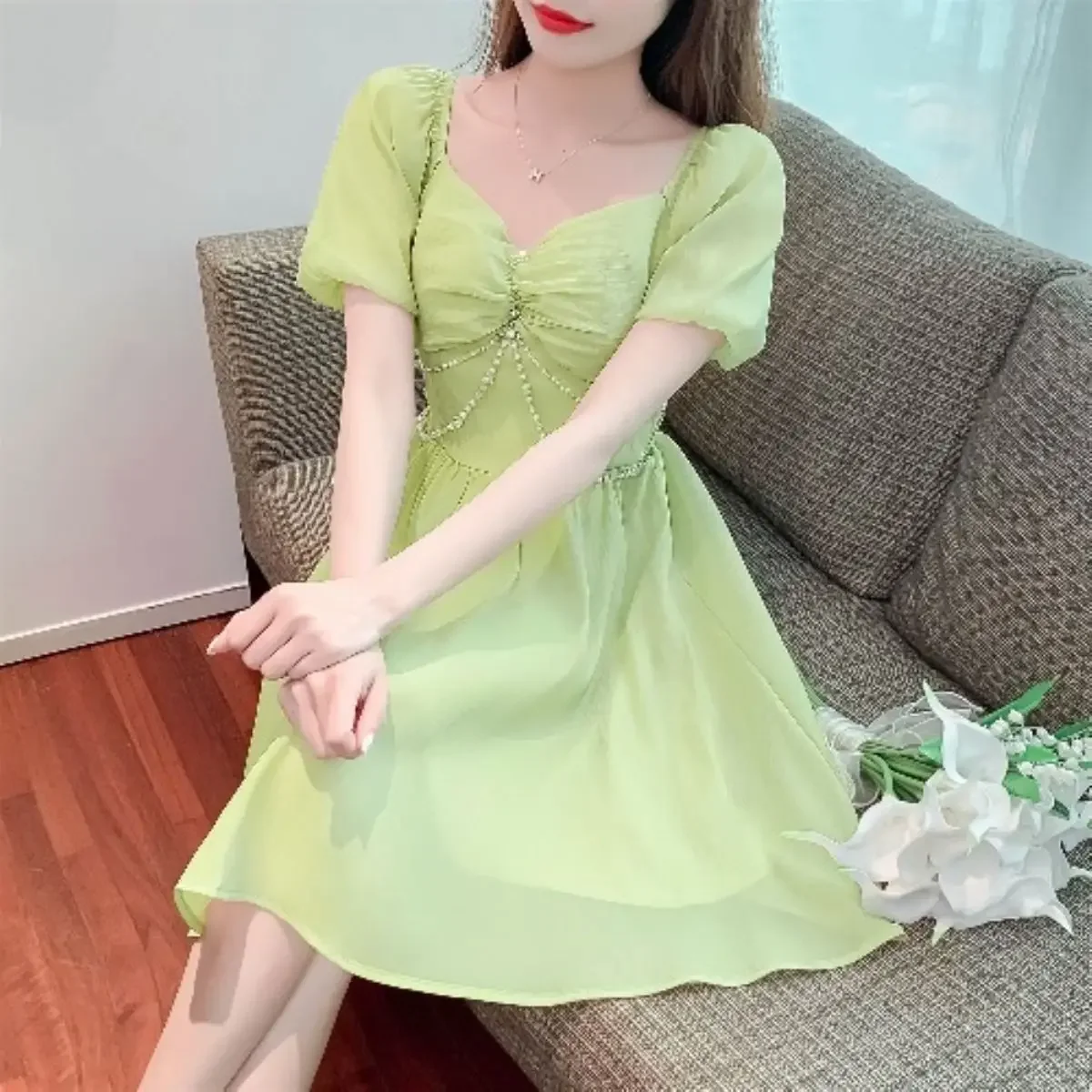 Fata Midi Abito femminile carino Manica corta Abiti da donna Kawaii Rosa Chic ed elegante Abiti graziosi Y2k Nuove caratteristiche di curvy