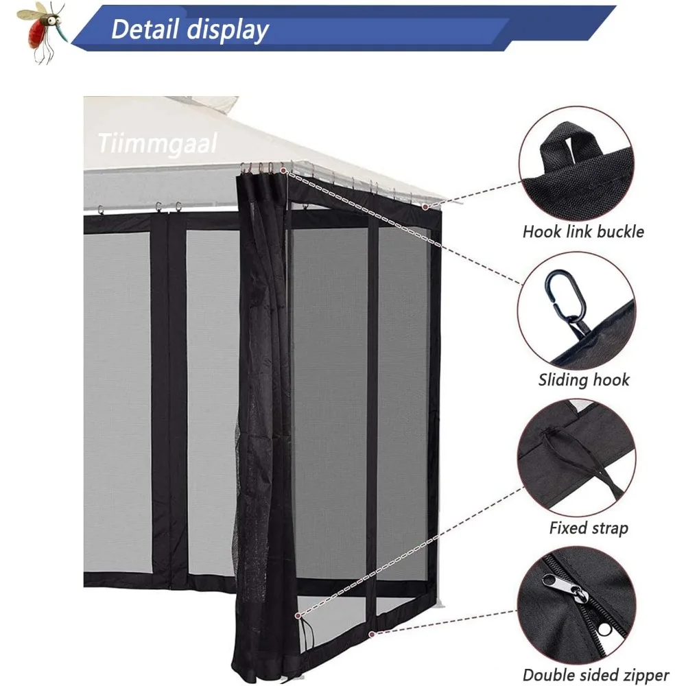 Mosquitera para toldo de Gazebo, pantalla de repuesto para paredes con anillos antideslizantes, cremallera de 4 puertas, fácil de instalar, color negro