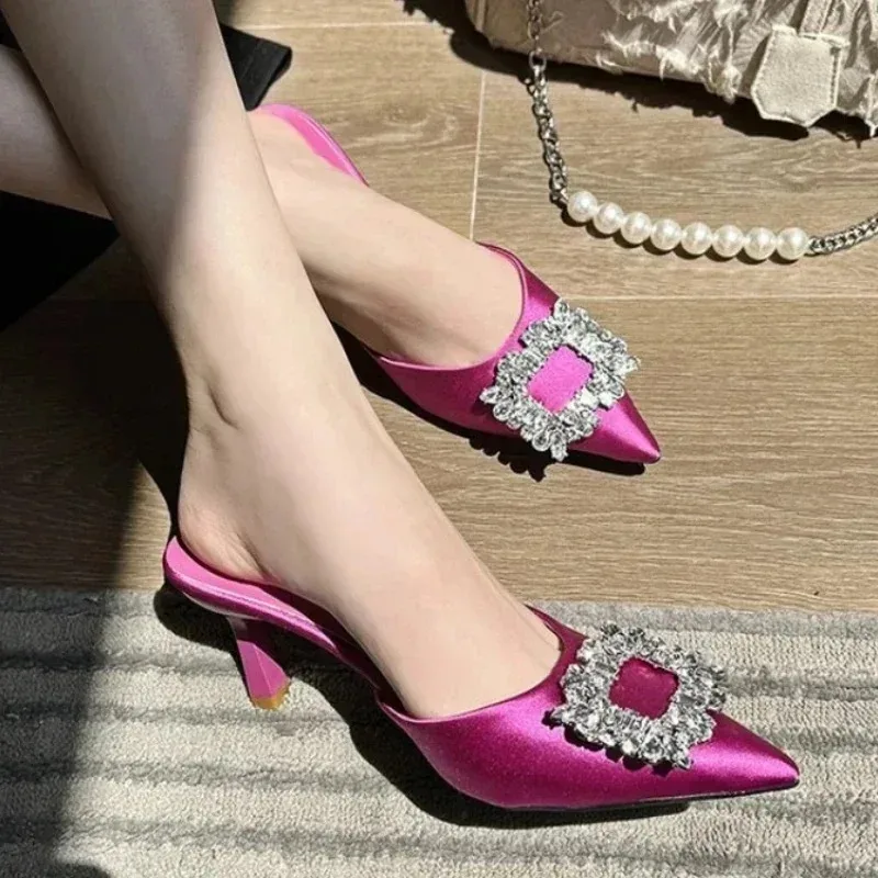 Rhinestone Buckle Satin Pointed Toe Pumps Slippers Women Sexy Slingback Dress Shoes Luxury Brand Heeled Sandals Female Mules