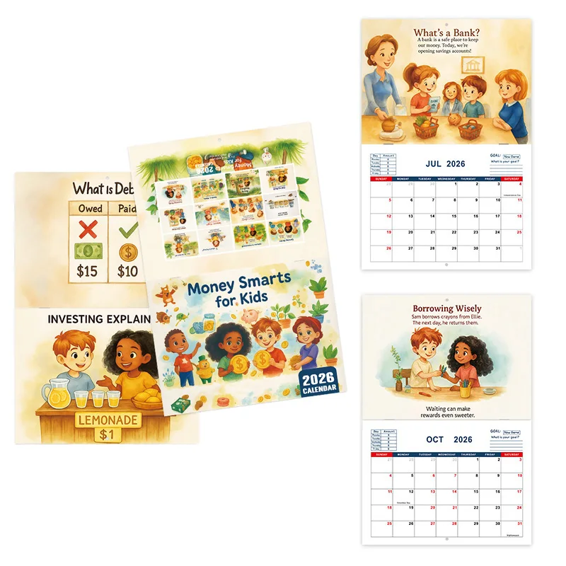 

Детский тематический учебный календарь для финансового планирования на 2026 год. Календарь планирования. Декоративный горизонтальный календарь.