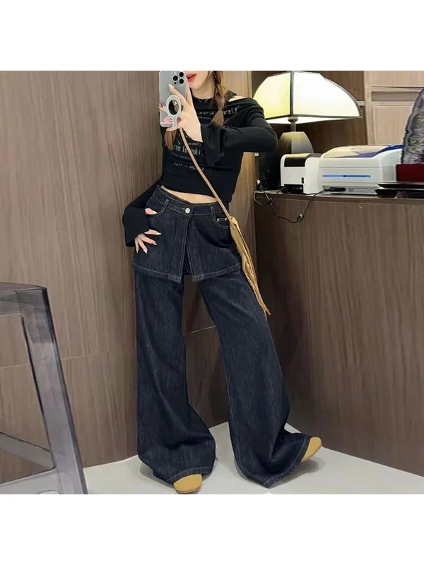 

High Waist Wide Leg Jeans plus Size Women's Autumn New Style Faux Two-Piece Butt Curtain Pants Floor-Length Dungarees