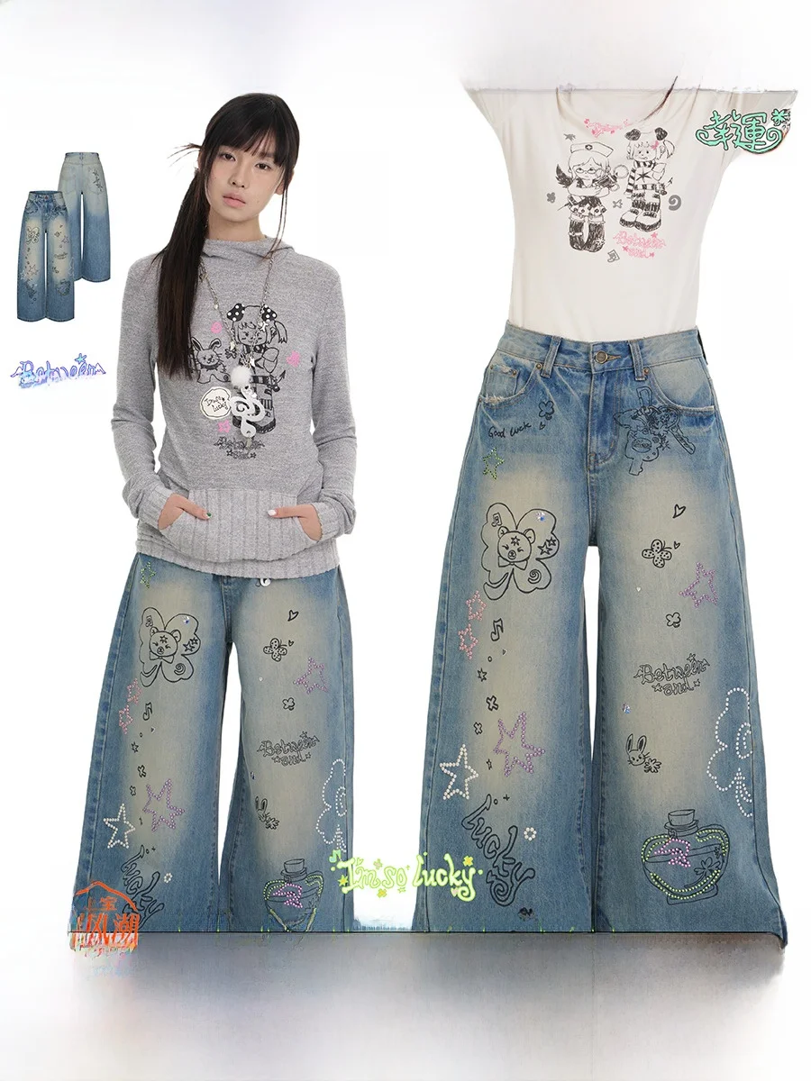 

BENAND Millennium Waji fiti Illustration Rhinestone Утягивающие свободные тяжелые длинные джинсы Женские джинсовые джинсы с завышенной талией