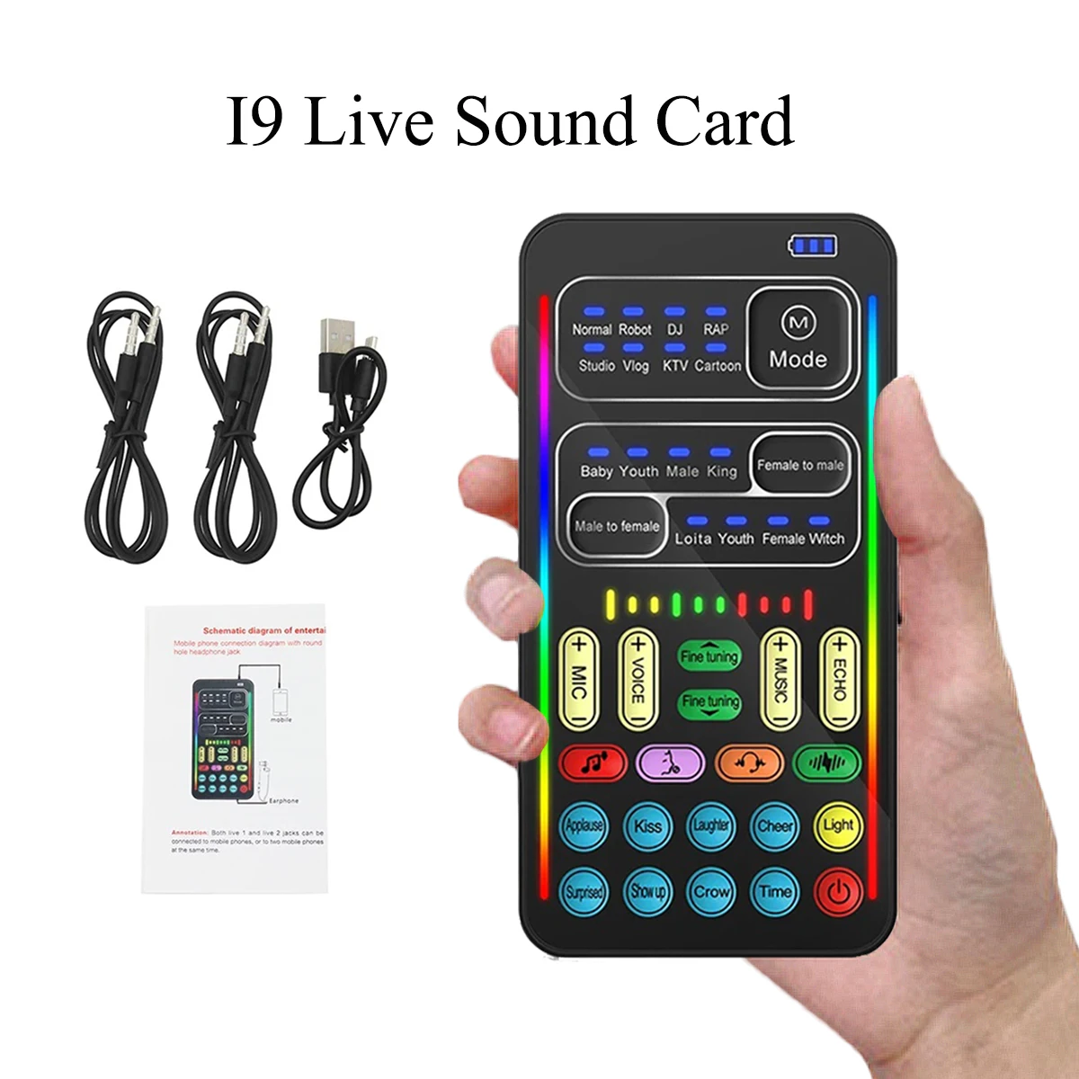 

Miwayer I9 Portable Live Sound Card – Voice Changer, 8 Sound Effects,10 Electric Tones, Bluetooth,5h Battery, for Singing/Gaming