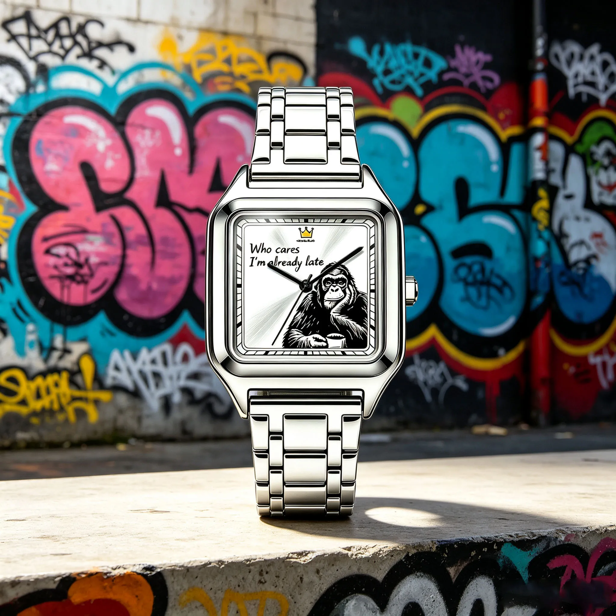 New Casual Men's Square Quartz Watch, Stainless Steel Strap, Black and White Monkey Animal Pattern Watch