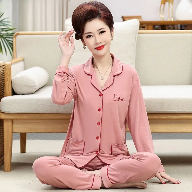 Modal Pajamas Spring Autumn Middle-Aged Mom Long Sleeve Loose Large Size Homewear Women Casual Simple Solid Color Sleepwear Suit