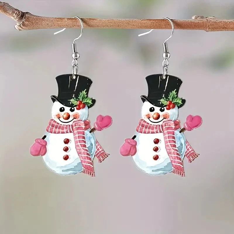 1 Pair Cute Cartoon Acrylic Christmas Lantern Snowman Dangle Earrings for Women And Girls Snowflake Design Xmas New Year Jewelry