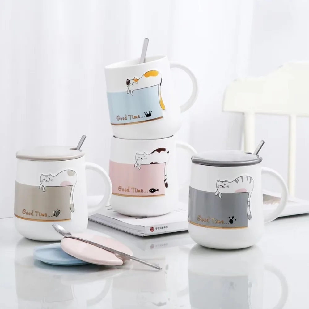 

Creative Cartoon Cat Ceramic Cup Decorative with Lid Tea Cup High Temperature Resistance with Spoon Water Cups Daily Drinking