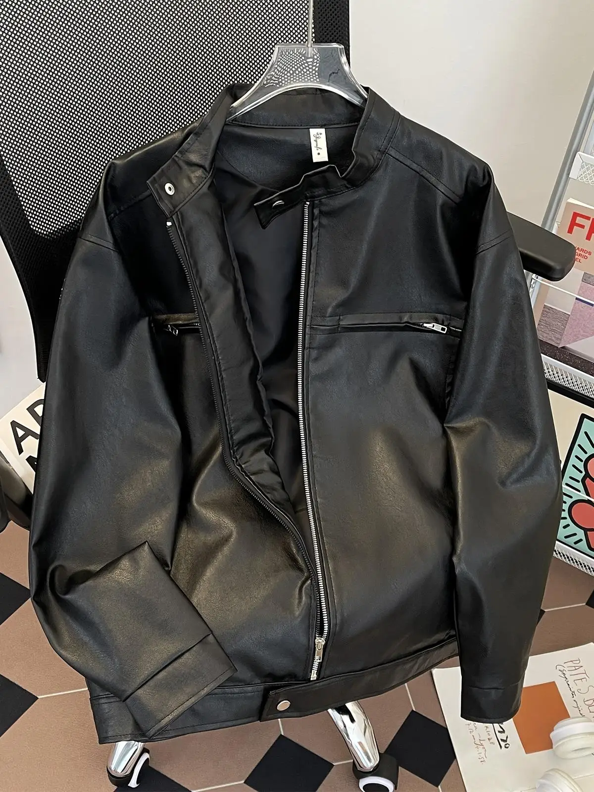 

American Sle Heavyweight Stand Collar Motorcycle PU Leather Baseball Jaet Men's Street Cool irt Workwear Leather Coat