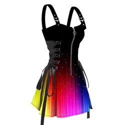 Dressfo Womens Lace Up Half Zipper Mini Dress Rainbow Glitter Print Buckle Strap Dress Sleeveless Dress Sundresses