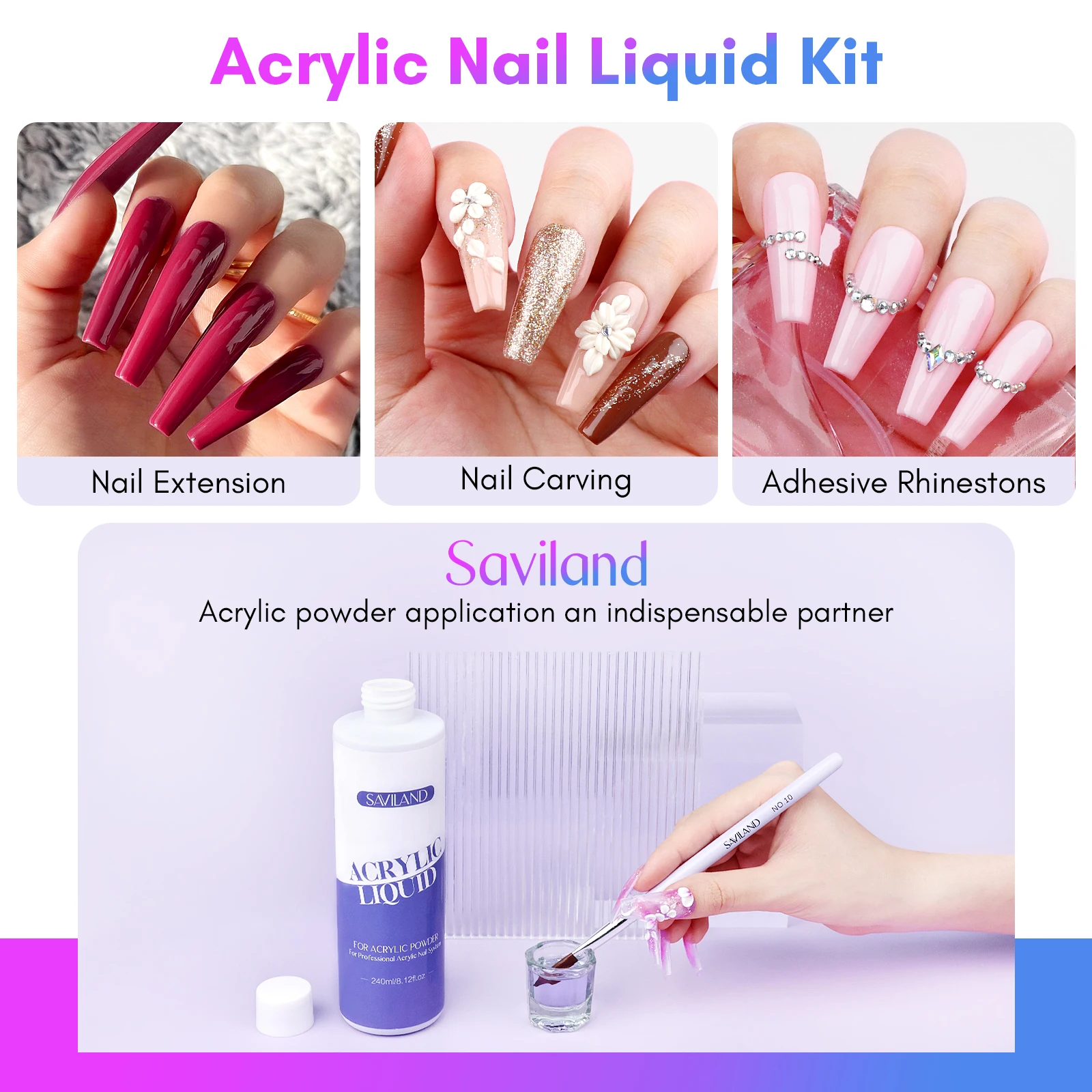 Saviland 240ml Monomer Acrylic Nail Liquid 8 oz with 3pcs Acrylic Brushes Size 8/10/14 for Acrylic Powder Nail Art DIY Salon