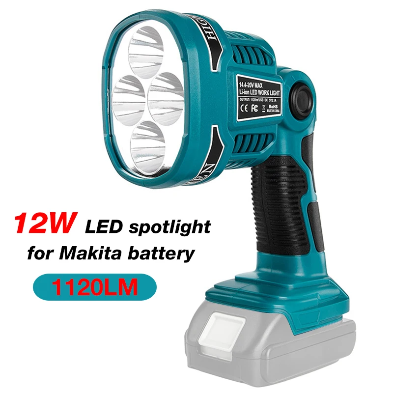 12W LED Cordless Flashlight Work Light Spotlight for Makita 14.4V-18V Battery BL1430 BL1850 BL1860B Outdoor Emergency LED Lamp