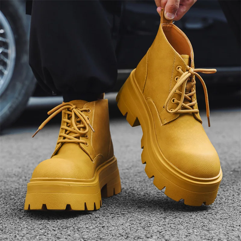 

large size mens casual punk hip hop platform boots lace-up genuine leather shoes cowboy chunky ankle boot handsome short botas