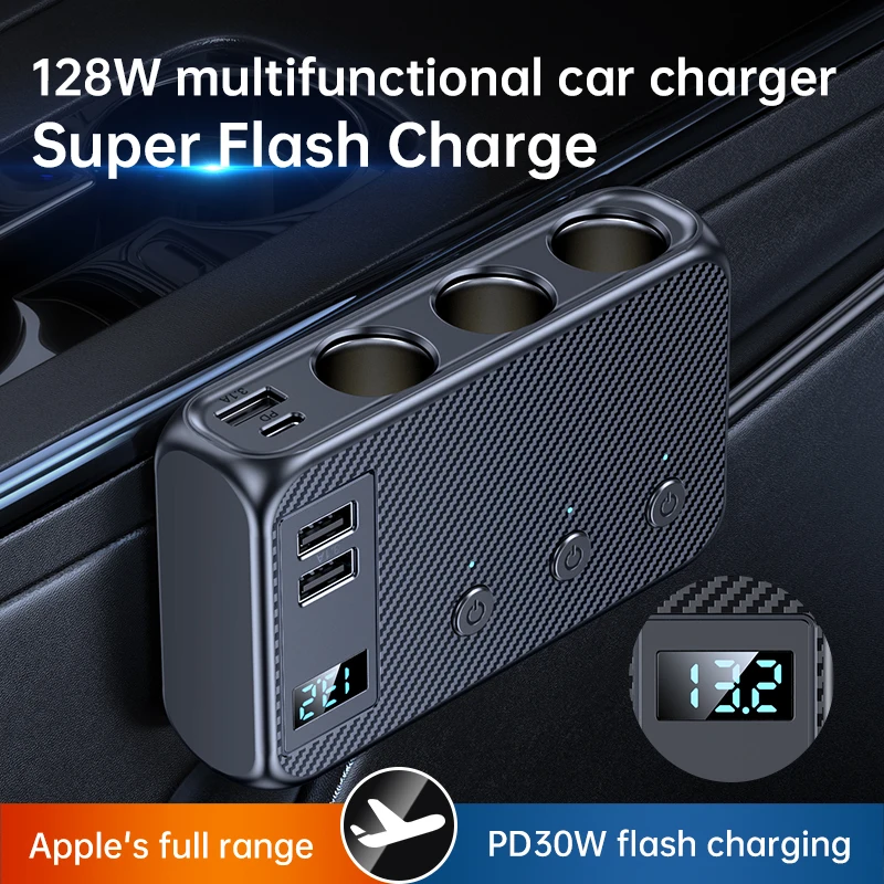 128W Car Charger Adapter 7 in 1 Cigarette Lighter Splitter  Fast PD30W/QC 3.0 Independent Switches 12V/24V DC Cigarette Outlet