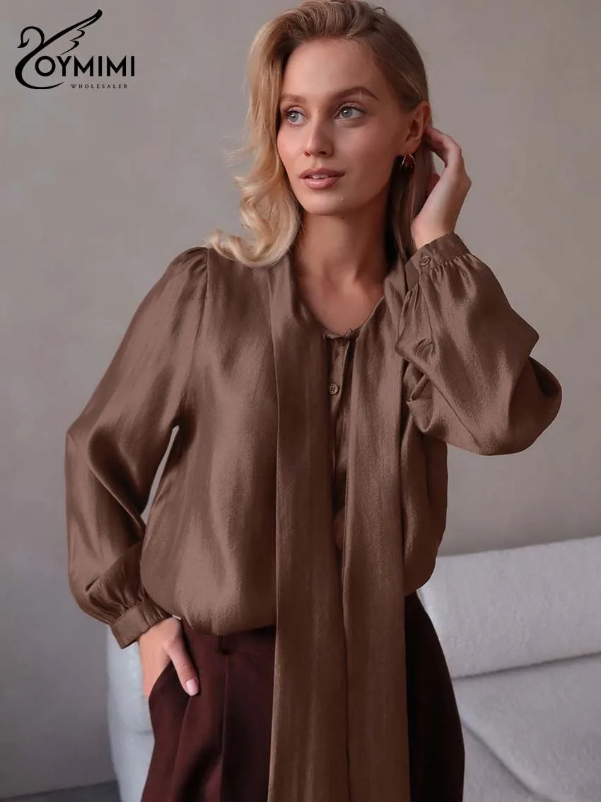 Oymimi Fashion Borwn O-Neck Woman Blouses Elegant Long Sleeve Lace-Up Solid Blouses Autumn Casual Single Breasted Shirts Female