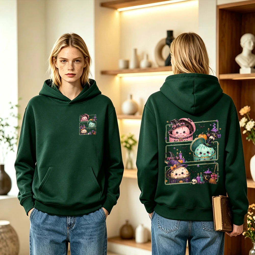 Funny Cute Halloween Dumpling Hoodie Green Witch Magic Graphic Pullover Cozy Unisex Women Men Fall Winter Kawaii Y2k Top Gift