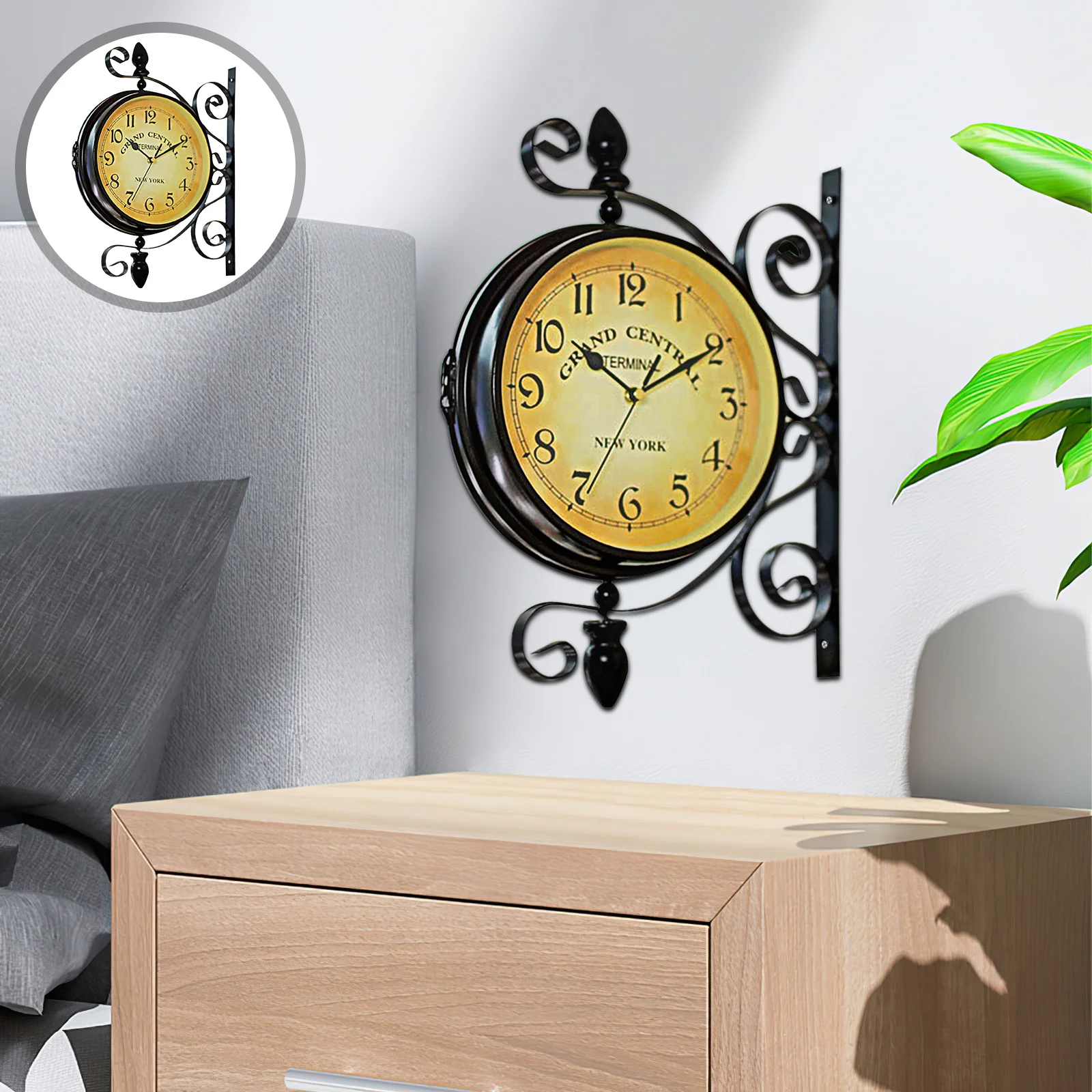 

Double Sided Clock Vintage Iron Metal Case Silent 360 Degree Rotate Retro Wall Clock for Living Room Lobby Porch Corridor