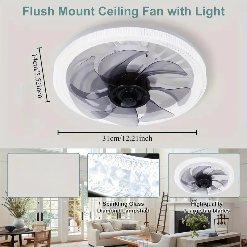 مروحة سقف حديثة منخفضة المستوى مع ضوء وجهاز تحكم عن بعد عكس الضوء E27 قاعدة مروحة ذكية ضوء لغرفة النوم وغرفة المعيشة والمكتب