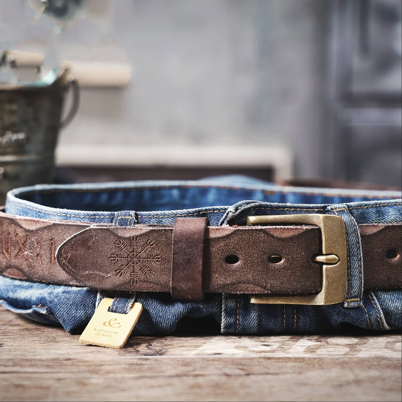 Retro casual top layer cowhide men's belt pure copper pin buckle hand-carved belt simple and versatile cowhide belt 3.8cm