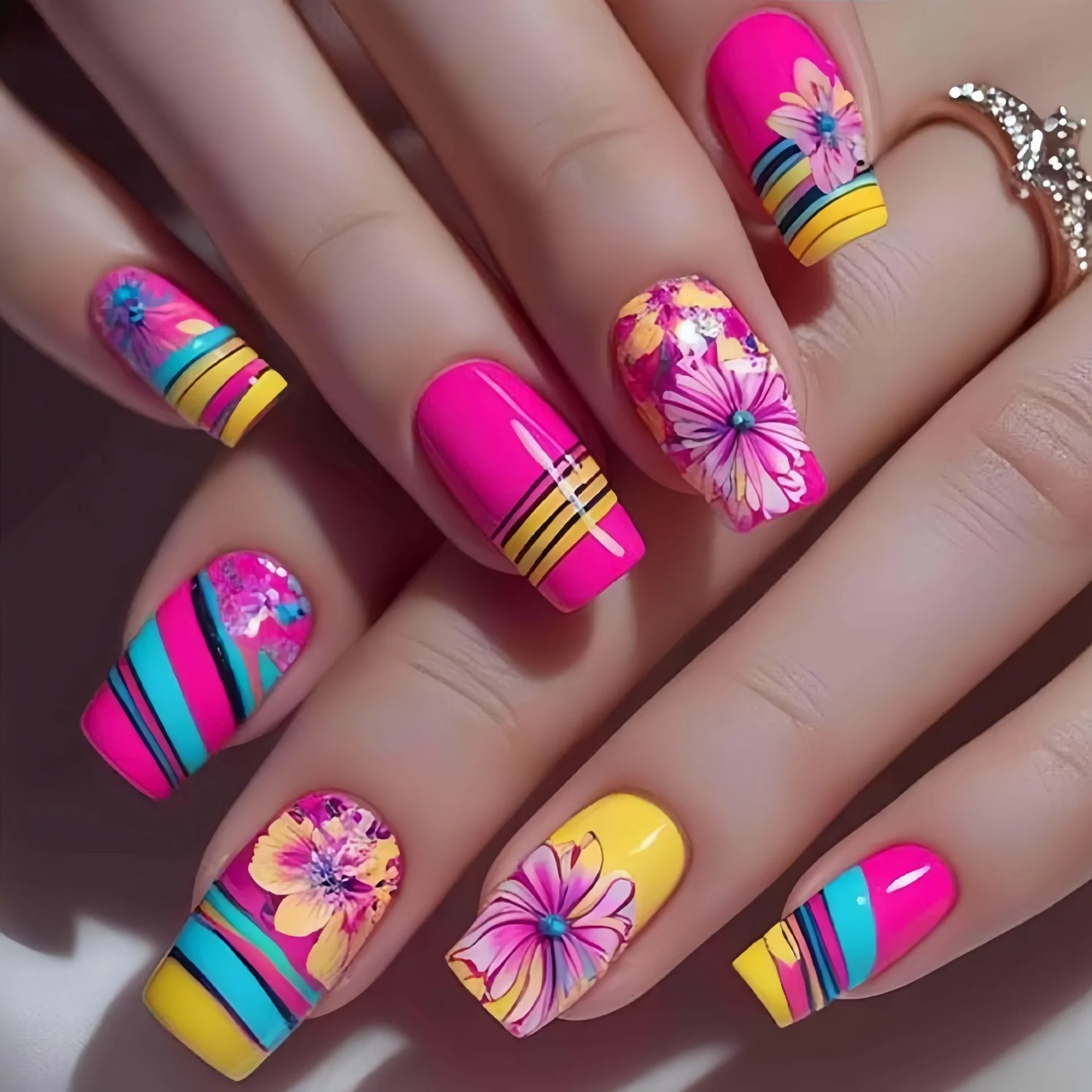Mittellange künstliche Nägel Frühling Sommer Blumen Blatt Baum Farbverlauf rosa orange blau Y2K französische Nagelspitzen zum Aufdrücken falscher Nagelkunst
