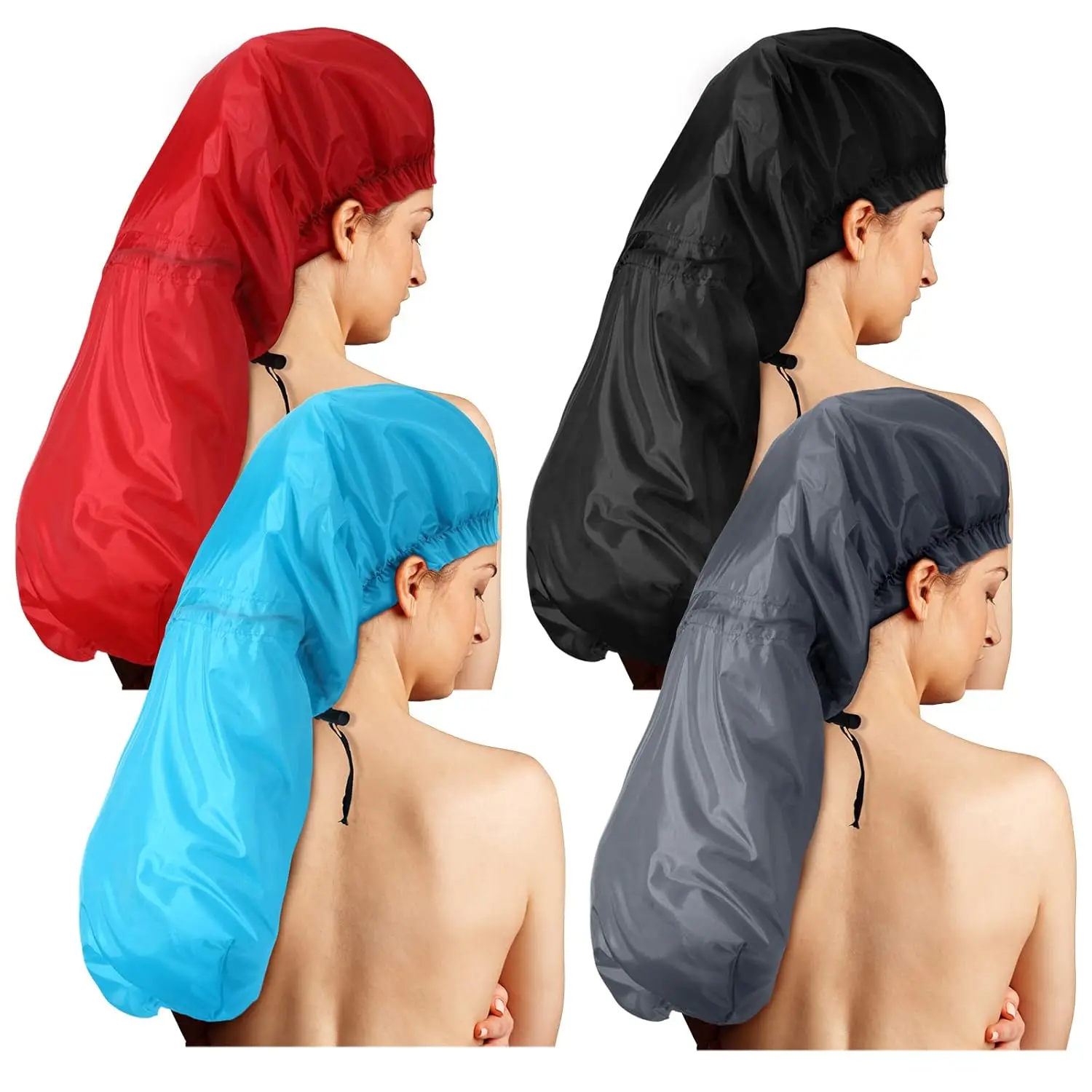 

Extra Long Shower Cap for Women with Braids, Locs, Dreadlocks - Waterproof Reusable XL Hair Bonnet in Red, Blue, Black, Gray