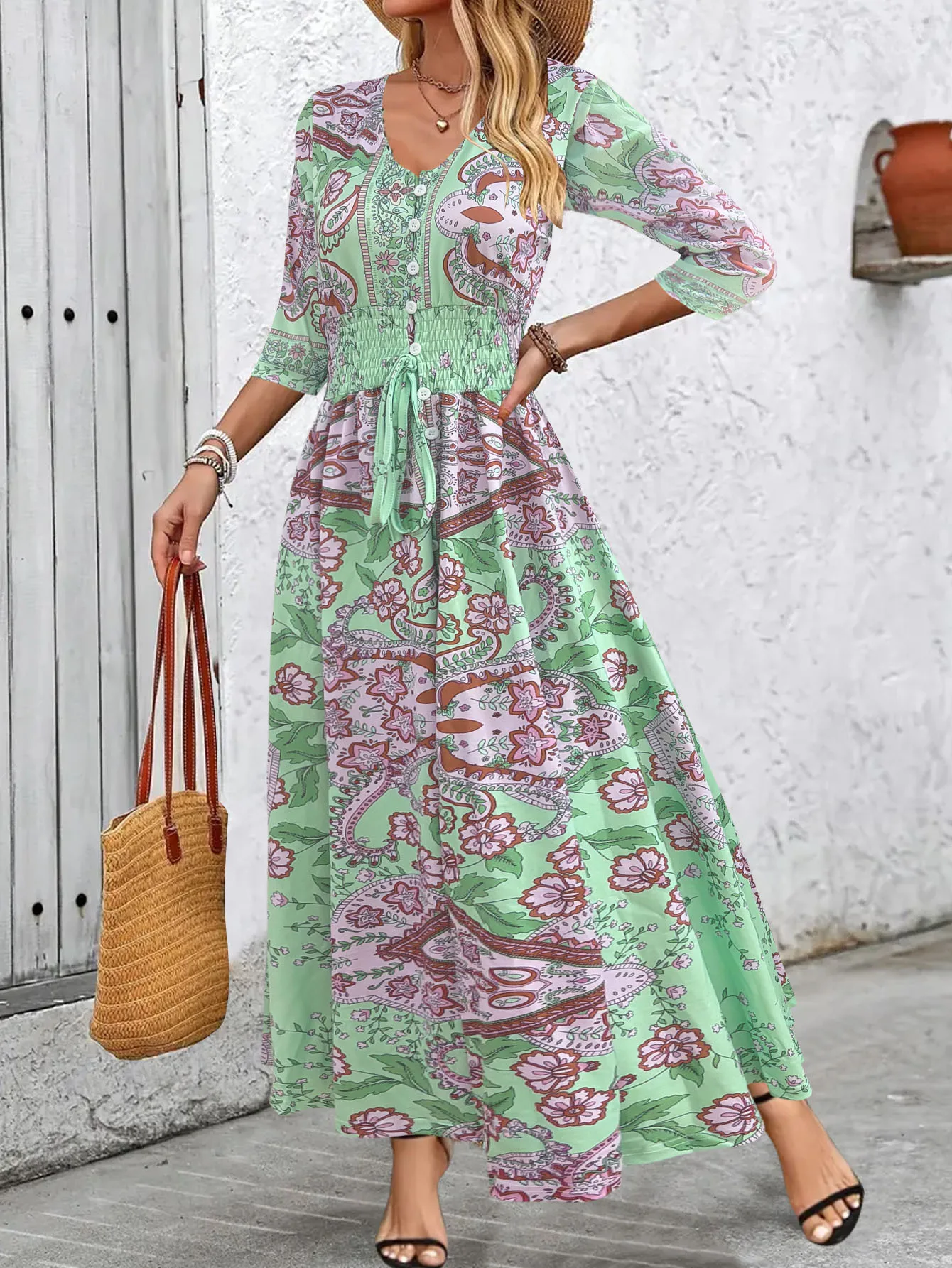 欧米風クロスボーダー秋物セール ボヘミアンプリント エレガントVネック長袖ワンピース