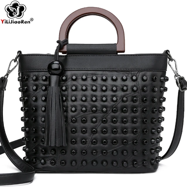 Modna skóra owcza torebka damska luksusowe nitowane torebki damskie Tote Bag znane marki Messenger torby Crossbody dla kobiet
