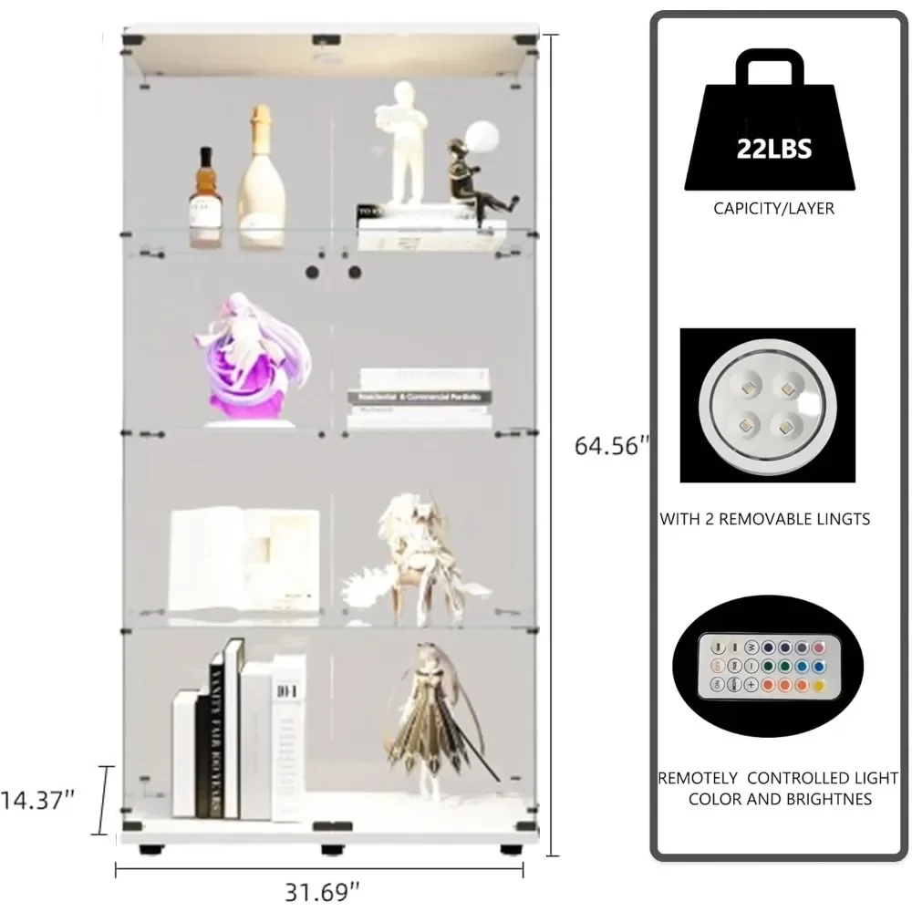 XMSJ Glass Display Cabinet in Clear with Lock and Lights, Lighted Curio Cabinet Collection Display Case, Floor Standing Showcase