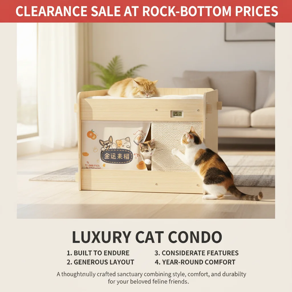 Clearance Sale Two-Tier Wood Cat House 20.9x16.5x15in with LCD Temperature Monitor & Thickened Door Curtain for Indoor Cats Up to 19.84 lbs, Modern Freestanding Cat Condo with Soft Pads for Home Bedroom Living Room Pet Supplies
