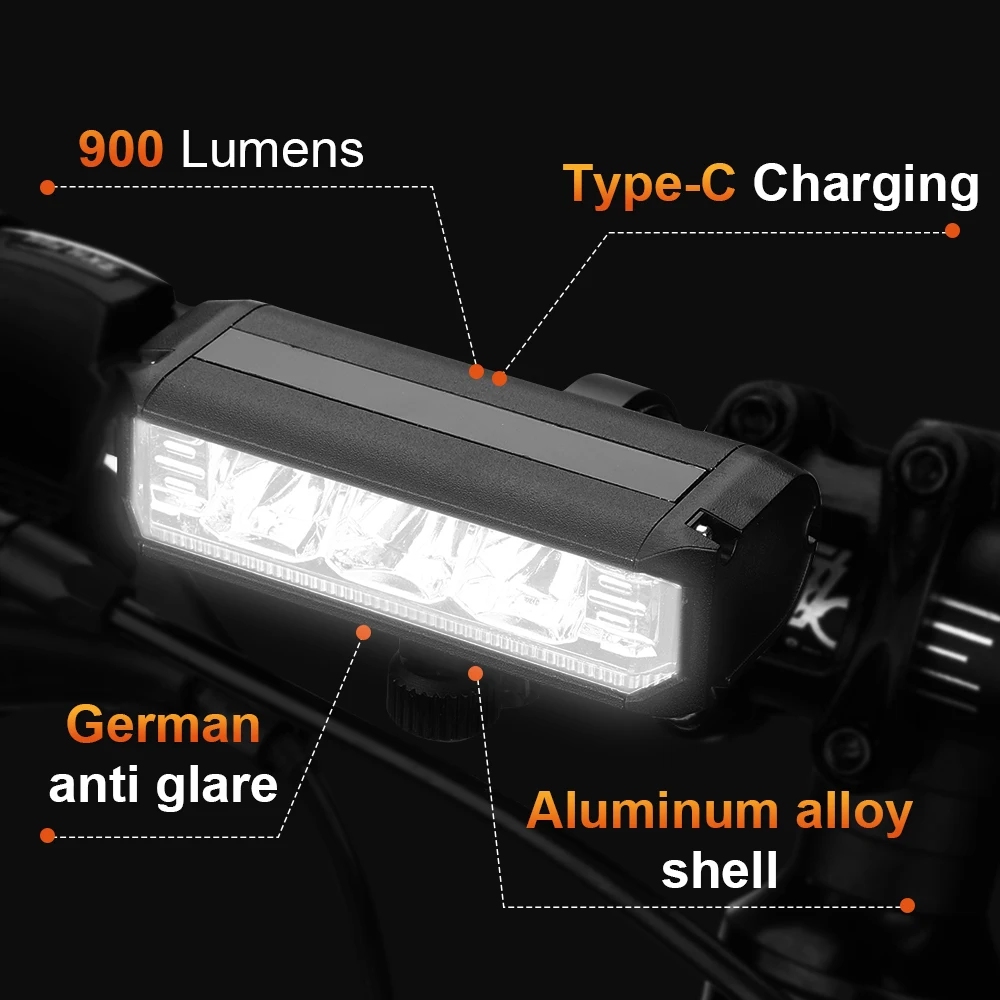 Rockbye Bicycle Headlight IPX5 Waterproof 900 Lumens Bike Front Flashlight Type-C Rechargable High Light Night Cycling Lamp