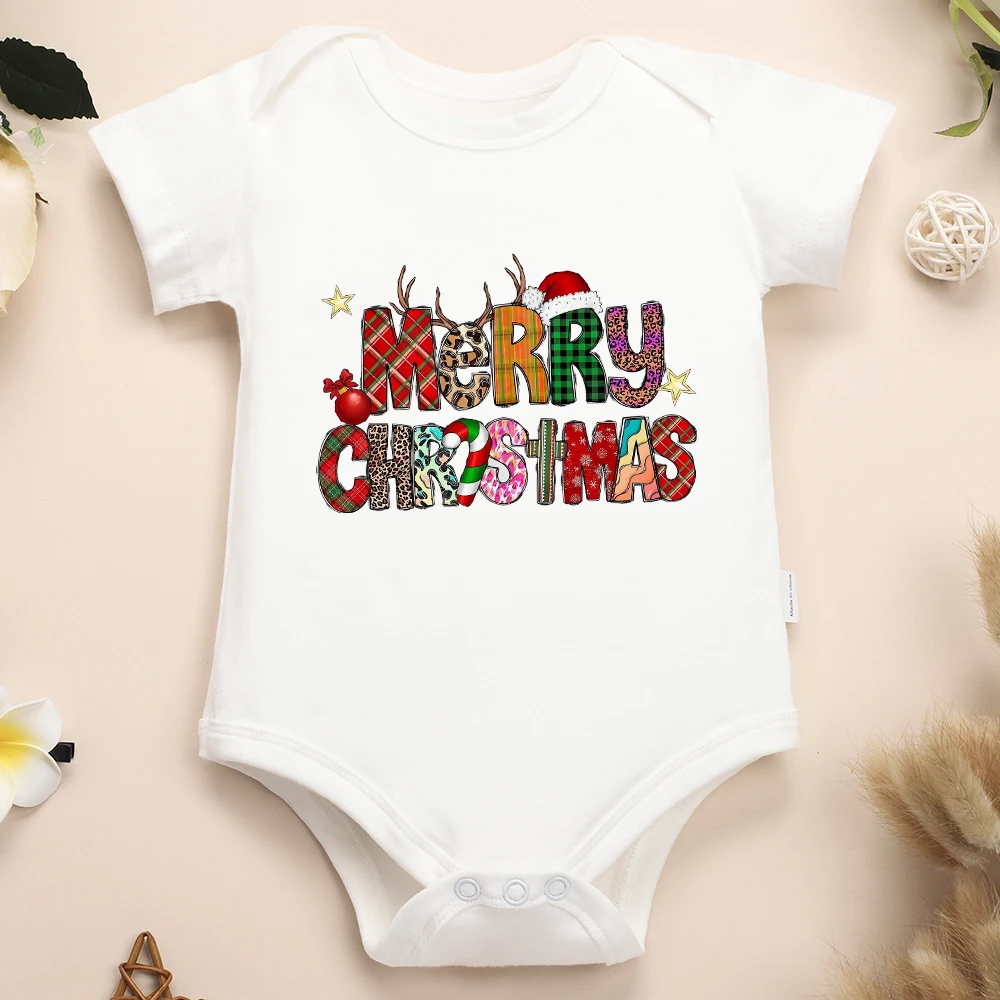 Merry Christmas Newborn Boy Girl Clothes Onesie Cotton First Xmas Fashion Aesthetic Baby Bodysuit Short Sleeve Home Pajamas