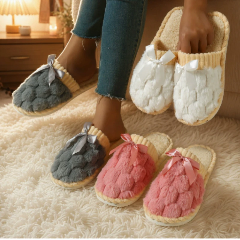 Winter Sweet Pink Bowknot Women's Slippers Soft Sole Non Slip Warm Fuzzy Fluffy Slippers Comfortable Plush House Shoes for Woman