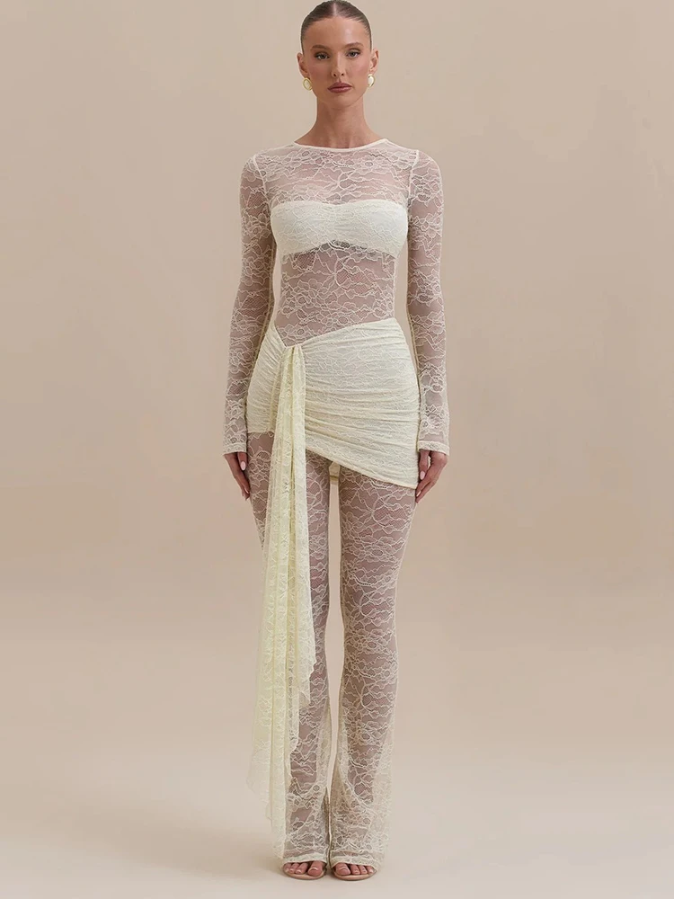 Oniflyme 레이스 패치 워크 쉬어 섹시한 점프 슈트 여성 가을 ​​라운드 넥 긴 소매 셔링 플레어 점프 슈트 우아한 파티웨어 롬퍼