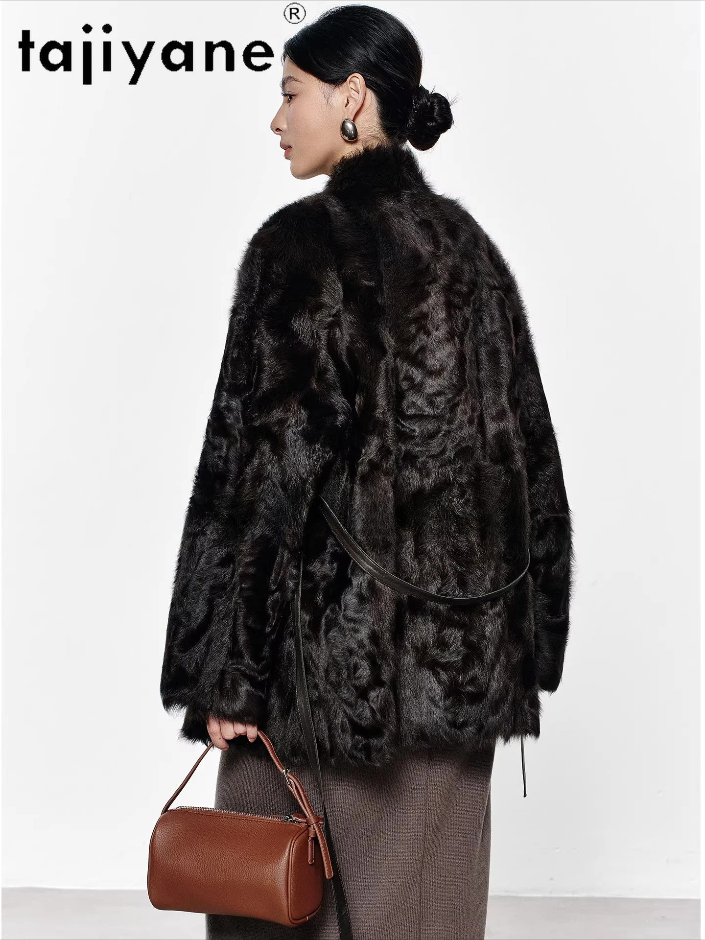 TAJIYANE 100 % Xiaohu Schaffell mit angebrachtem Wollmantel, braune Echtpelzjacke mit Gürtel, Damenbekleidung, Winter, neu in Mäntel